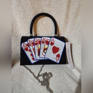 NWT Alessia Black Beaded Playing Card Heart Suit Royal Flush Miniature Clutch